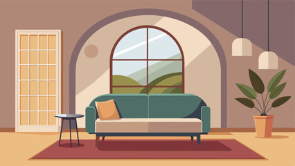 Wall Mural - Minimalist home interior design of modern living room. Curved sofa against arched window near beige wall with copy space.