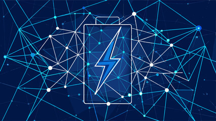 Wall Mural - Abstract Battery Charging Icon form lines and triangles, point connecting network on blue background. Illustration vector