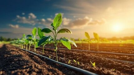 A beautiful sunrise over green seedlings in a fertile field, symbolizing growth and new beginnings.