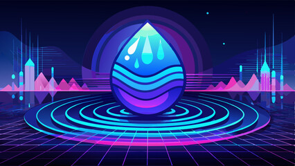 Wall Mural - Abstract blue and purple digital dynamic water drop wave on dark background. Futuristic hi-technology concept. Sound wave. Vector illustration