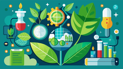 Sticker - Green leaves with Technology. Biotechnology, green energy, medicine, science concepts. Vector illustration