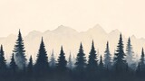 Majestic mountains rise behind a serene coniferous forest at dawn.