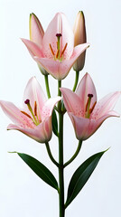 Wall Mural - Pink lily flower with buds on stem against white background.