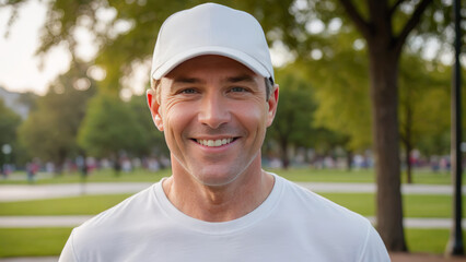 Wall Mural - Man wearing white t-shirt and white baseball cap standing in the park