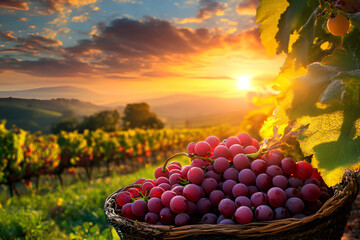 Grapes on a grape farm with sunrise in the background