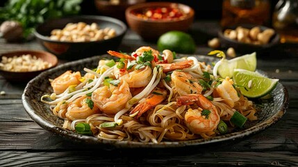 Pad Thai: A plate of Pad Thai noodles with shrimp, tofu, bean sprouts, peanuts, and lime wedges. 