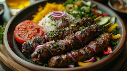 Wall Mural - Turkish Kebab: Skewers of grilled Turkish kebab with lamb or chicken, served with rice and salad.