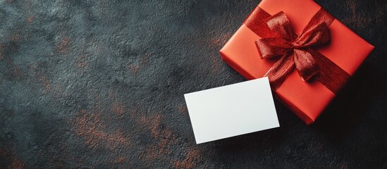 Poster - Red gift box with a white blank card on a dark backdrop Christmas scene Top view Copyspace available
