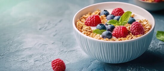 Poster - Delicious superfood idea granola bowl featuring raspberry and blueberry as a nutritious breakfast option for dieting empty space for text selective focus background with food. with copy space image