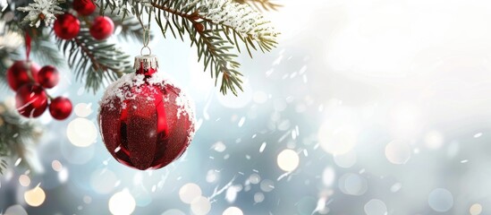 Wall Mural - Christmas ornament hanging from a tree branch with copy space on a white background