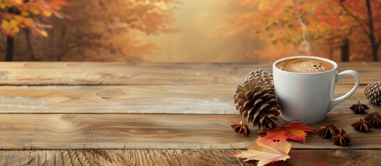 Poster - Autumn backdrop with space for text and design featuring a cup of hot coffee alongside cones and maple leaves on a wooden table a cozy autumn beverage the idea of an autumn sale