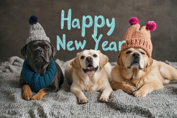 Wall Mural - Pet Celebration Collage: Photos of pets dressed in festive New Year accessories. The text 