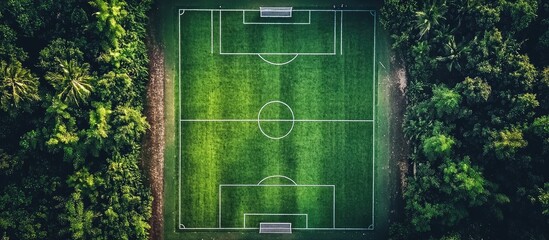 Aerial view of the sports concept featuring a synthetic football or soccer field with goals and a grass background texture along with empty space for copy