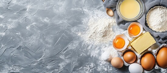 Aufkleber - Bakery backdrop Ingredients for an Easter cake or dessert recipe including eggs flour and butter arranged on a grey stone table with kitchen textiles Top view copyspace