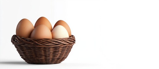 Leinwandbilder - Eggs in a woven basket set against a white background. with copy space image. Place for adding text or design