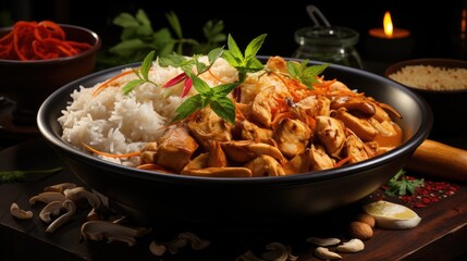 Canvas Print - Chicken and cashew red curry with rice and herbs, thai inspired dish  