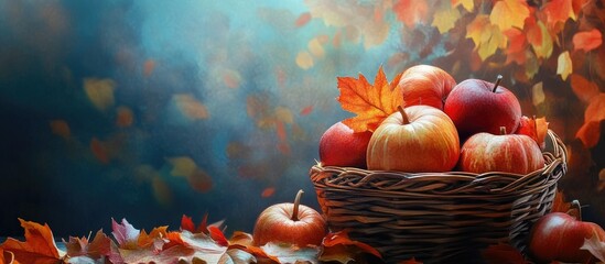 Poster - Pumpkins apples and autumn leaves in a basket. with copy space image. Place for adding text or design