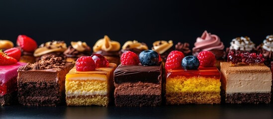 Fototapete - A variety of vibrant natural sweet cakes set against a black background Copyspace for text Concept of delicious cakes Food backdrop Close up view