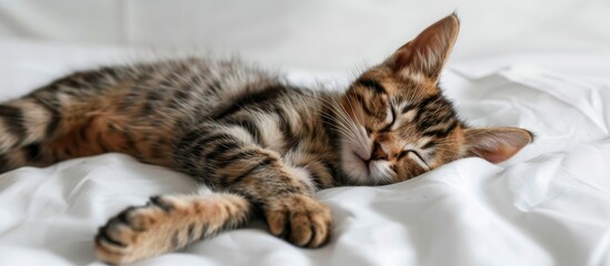 A small adorable Scottish Straight kitten is sitting on white silk fabric against a white background featuring copy space This is a portrait of a young pet cat with tabby colored fur