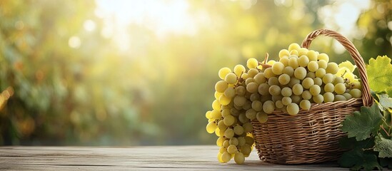 Leinwandbilder - green autumn ripe grapes in a basket on a pale wooden table. with copy space image. Place for adding text or design
