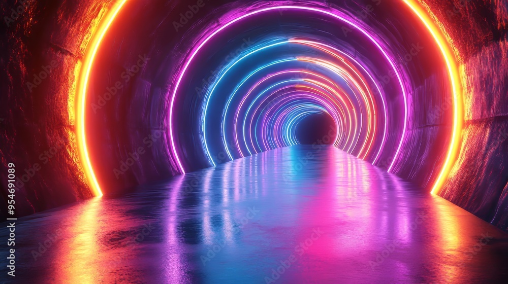 Futuristic Neon Tunnel with Vibrant Blue, Pink, and Orange Glowing ...