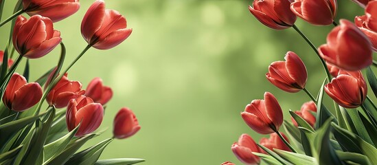 Poster - Frame crafted from lovely tulip flowers set against a green background. with copy space image. Place for adding text or design