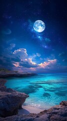 Wall Mural - A serene coastal scene under a luminous moon reflecting on tranquil waters, surrounded by enchanting clouds and rocky shores.