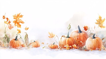 A watercolor background featuring a vintage luxury pumpkin patch with creepy elements like eerie fog and scattered pumpkins