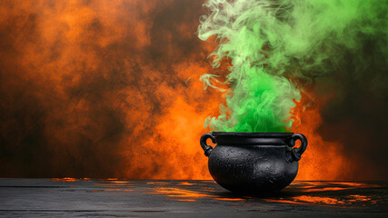 Witch's cauldron brews a potion with green smoke on an orange background. Design banner template for Halloween, children's parties and St. Patrick's Day. Copyspace