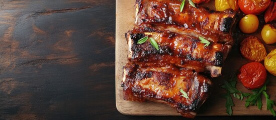 Ribs grilled barbecue pork meal snack on the table copy space food background top