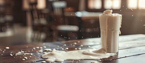 A milkshake is on the table Milk has spilled Poured haphazardly. with copy space image. Place for adding text or design