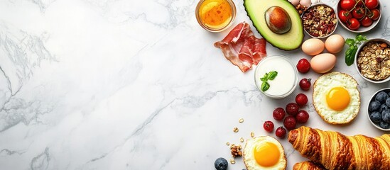 Poster - Various ingredients for a diverse breakfast Cheese prosciutto cherry tomatoes avocado eggs granola milk berries croissants Lifestyle Copyspace