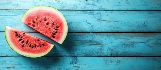 Wall Mural - Summer watermelon is sliced in half against a blue rustic wood background Copy space for designers