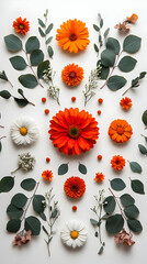 Poster - Symmetrical arrangement of orange and white flowers, leaves, and small berries on a white background.