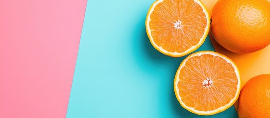 Wall Mural - Fresh orange slices on a colorful background Top view Copy space Creative summer concept Half of a citrus fruit in a minimal flat lay with copy space