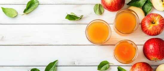 Homemade cider made from ripe apples White wooden backdrop top view copyspace