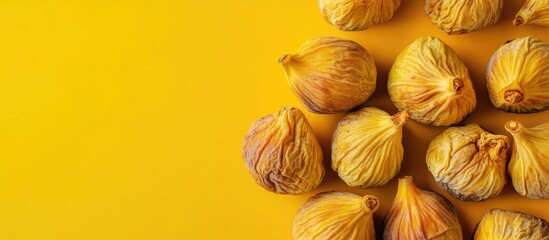 Fototapete - Dried figs on a colored background viewed from above with space for text Nutritious fruit. with copy space image. Place for adding text or design