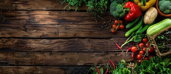 Leinwandbilder - Fresh farm market vegetables organic fruits and greens on a rustic wooden surface Top view with copy space