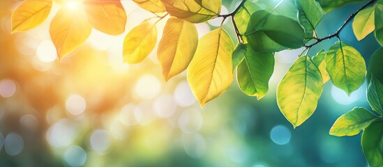 Wall Mural - Bokeh background featuring abstract blurred leaves and vibrant summer sunlight. with copy space image. Place for adding text or design