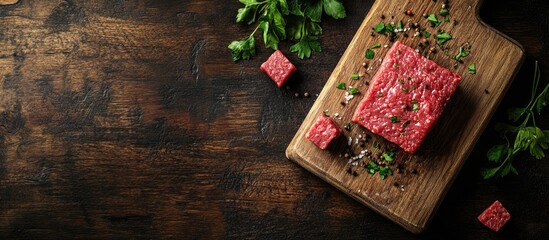 Poster - Block of fresh minced beef cut on a wooden cutting board with copy space seen from above
