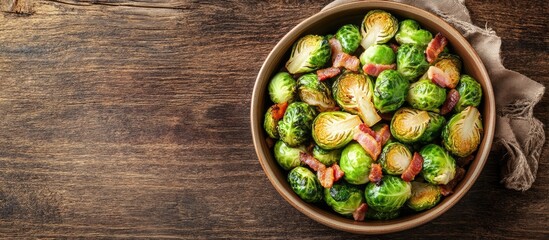 Aufkleber - Tasty roasted Brussels sprouts and bacon in a bowl on a brown table top view Copyspace available
