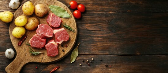 Aufkleber - Raw meat two types of spiced pickled meat medallions on a circular wooden board on the table accompanied by garlic bay leaves potatoes and tomatoes cooking idea copyspace