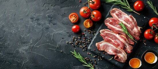 Raw sliced beef bacon prepared for cooking on a dark black concrete surface Breakfast ingredients include raw bacon cherry tomatoes eggs and rosemary Top view from above with copy space