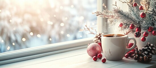Fototapete - Christmas arrangement with coffee on the windowsill Concept for a holiday greeting card. with copy space image. Place for adding text or design