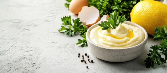 Mayonnaise made with cooking ingredients eggs vegetable oil mustard lemon parsley On a white stone concrete table copyspace