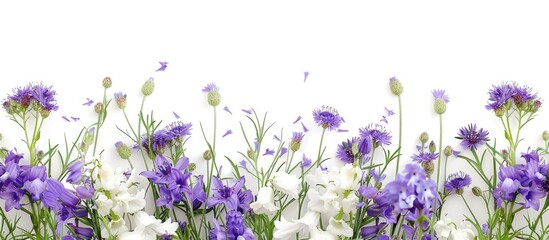 Wall Mural - Close up of white and purple bell flowers along with cornflowers isolated on a white background with copy space