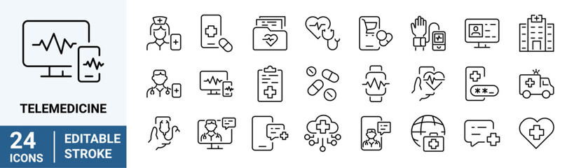 telemedicine web line icon set. digital healthcare. remote health diagnosis. editable stroke. vector