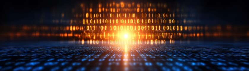 Abstract digital background with glowing lines and binary code, representing technology and innovation in a futuristic environment.