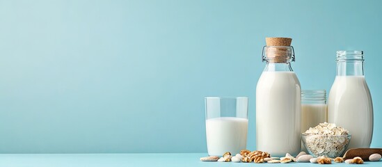 Poster - Ingredients for creating different plant based lactose free vegan milks alongside bottles of milk set against a blue background with copyspace