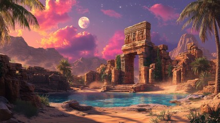 Ancient Ruins and a Pool of Water in a Desert Landscape Under a Pink Sky